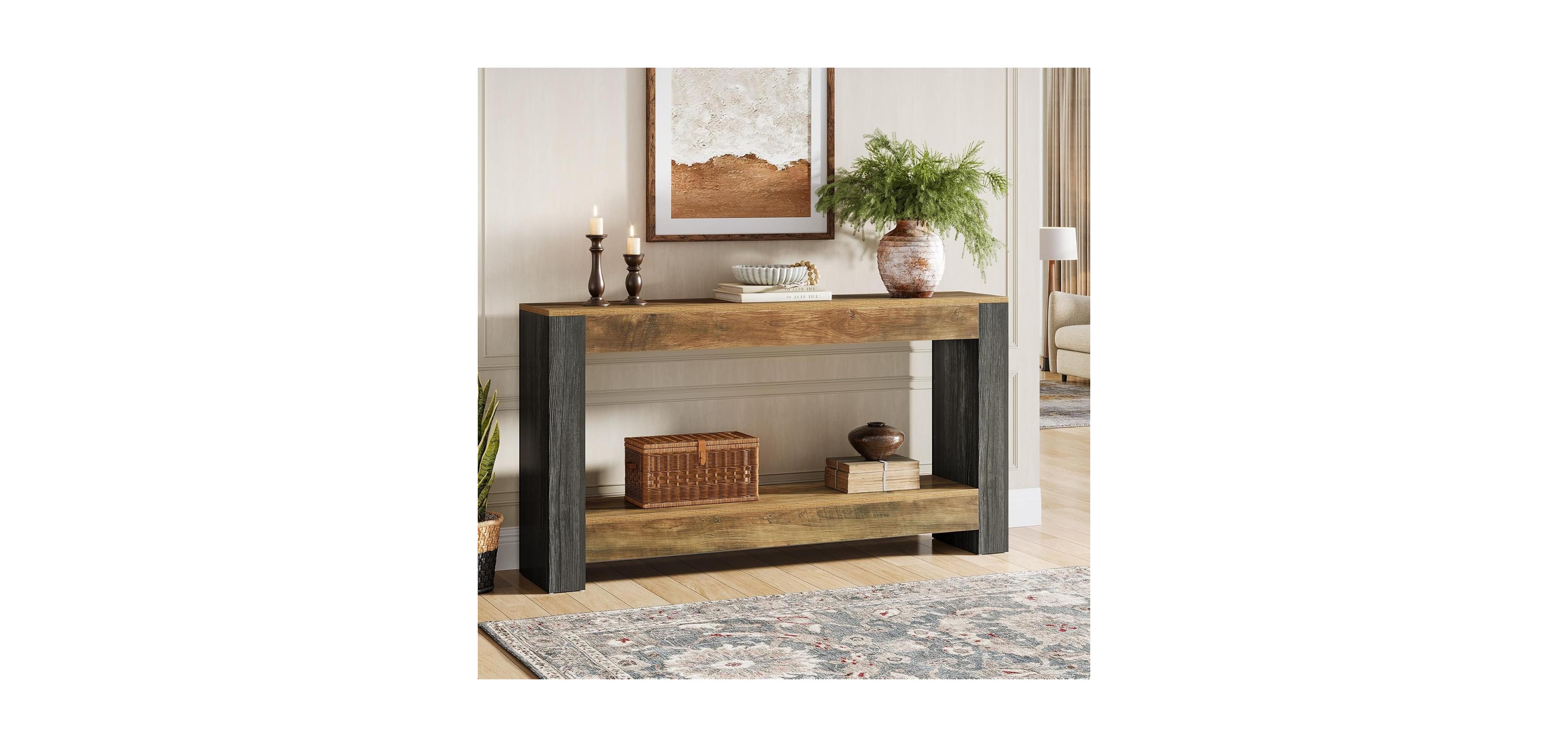 Tribesigns 63-Inch Long Console Table for Entryway, Farmhouse Wood Sofa Table, Rustic Brown & Black