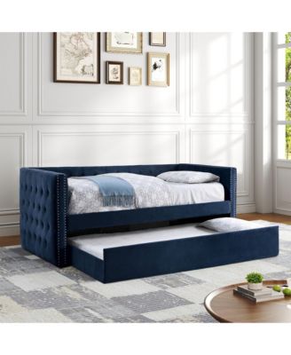 Navy Flannelette Upholstered Twin Daybed with Trundle
