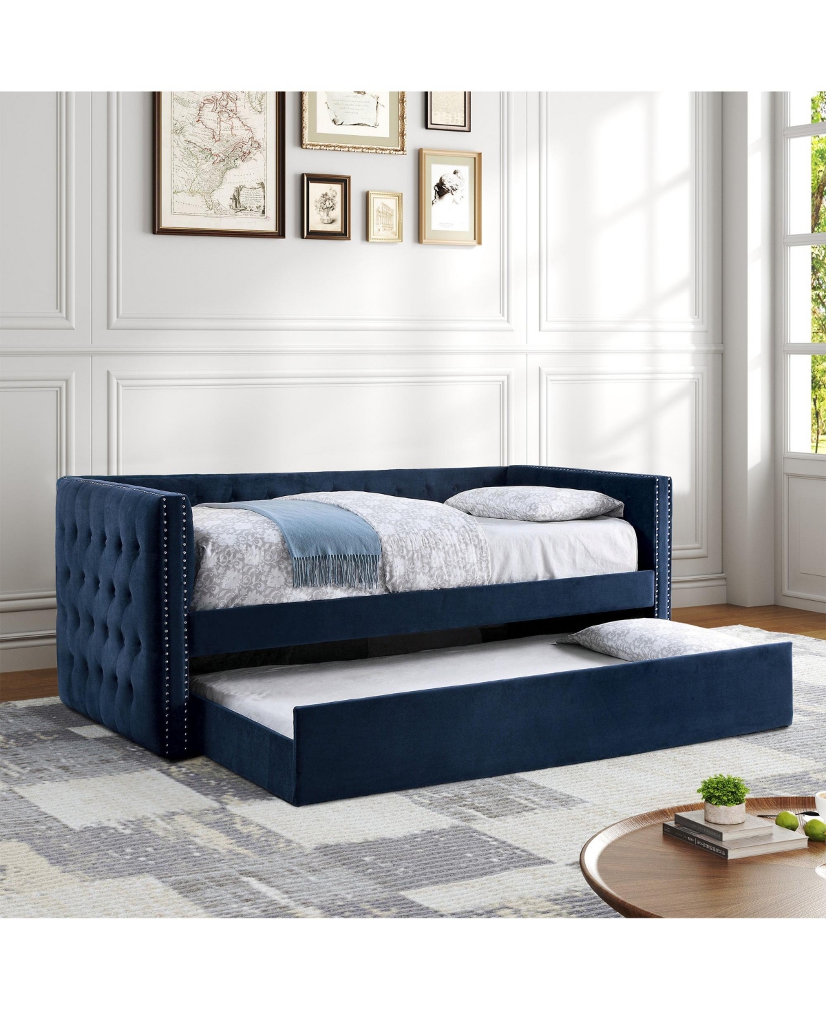 Clihome Navy Flannelette Upholstered Twin Daybed with Trundle