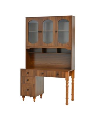 47" Retro Desk with Hutch, Charging, Drawers & Glass-Door Bookshelf, Walnut