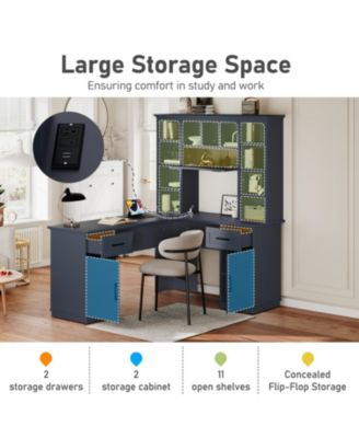  2-in-1 L-Shaped Desk w/ Cabinets, Drawers, Shelves & Power Outlet - Antique