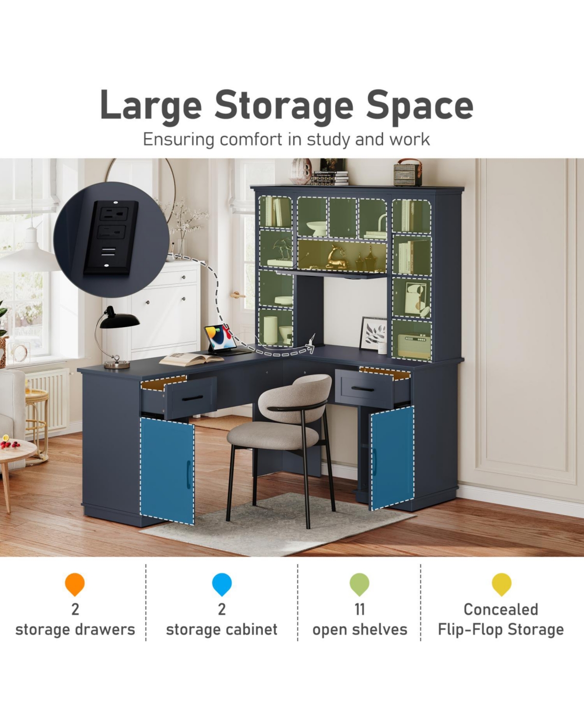 Streamdale Furniture 2-in-1 L-Shaped Desk w/ Cabinets, Drawers, Shelves & Power Outlet - Antique