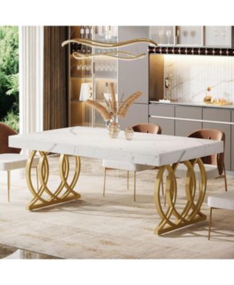 63-Inch Wood and Metal Faux Marble Tabletop Modern Kitchen Dining Table