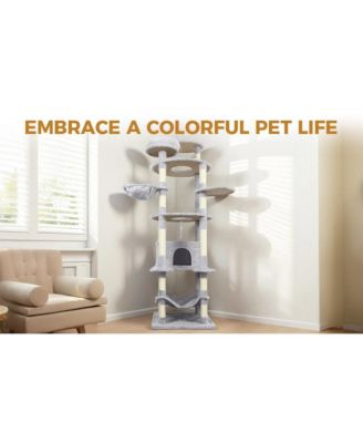 78.8 Light Gray Cat Tree Wide Base Large Condo 12 Sisal Posts Hammock Top Platform Interactive Toy
