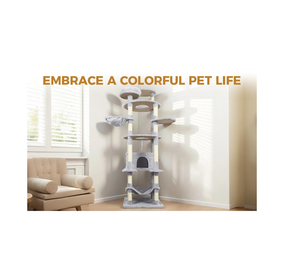 Zeus & Ruta 78.8 Light Gray Cat Tree Wide Base Large Condo 12 Sisal Posts Hammock Top Platform Interactive Toy