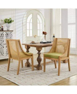 Rattan Dining Chair, Wood Frame, Linen Seat, Rustic Style, Olive Green