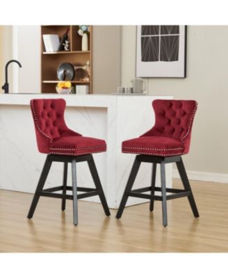 Velvet Barstools, Button Tufted, Wood Legs, Nailhead Trim, Set of 2