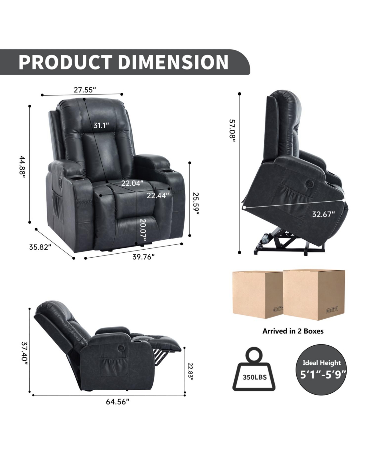 Streamdale Furniture Streamdale Dark Grey Power Lift Recliner, 350 Lbs, Massage, Heat, Usb & Cup Holders