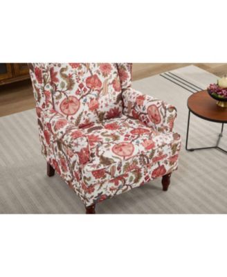 Floral Red Accent Chair with Wood Legs