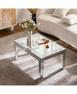  Silver Crushed Crystal Coffee Table, Mirrored Glass, Glam Modern