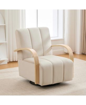 30.7" Swivel Accent Chair - Channel Tufted, Wood Armrests - Beige