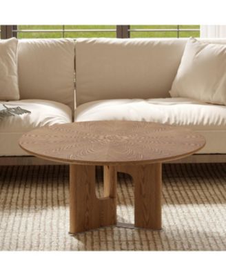 31.5 Inches Round Rustic Ash Wood Veneer Coffee Table for Small Living Room