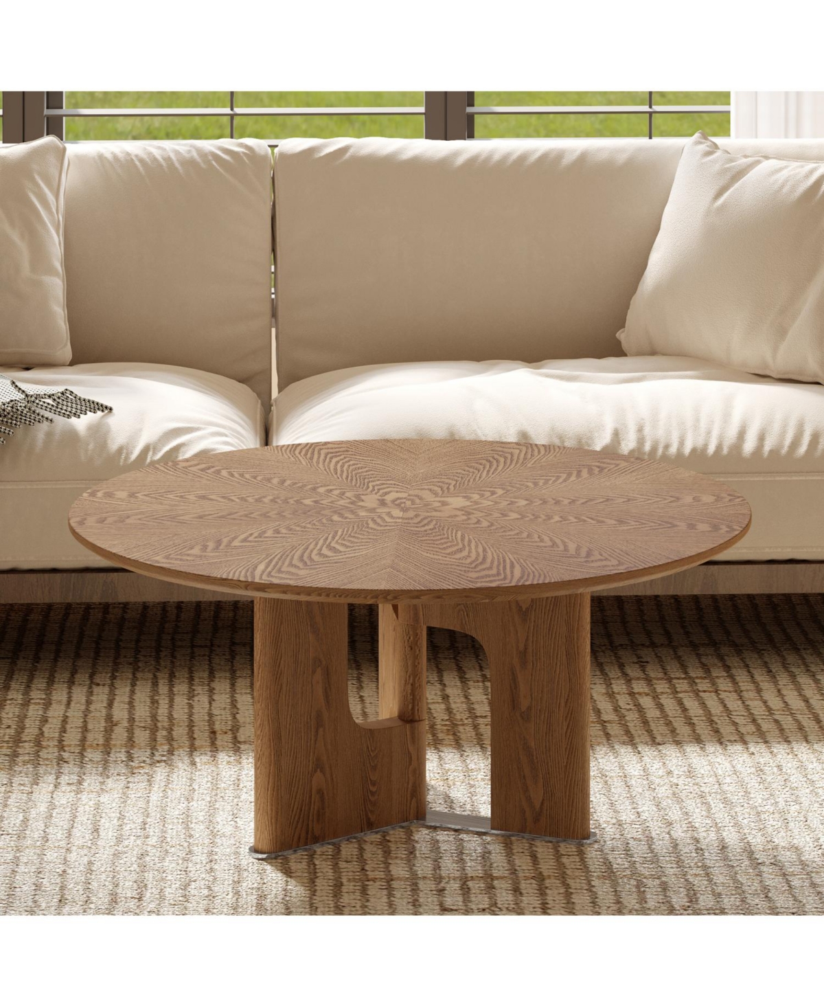 Streamdale Furniture 31.5 Inches Round Rustic Ash Wood Veneer Coffee Table for Small Living Room