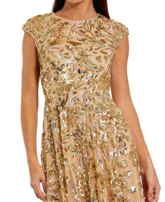 Women's Sequin Mesh High Neck Cap Sleeve A Line Gown