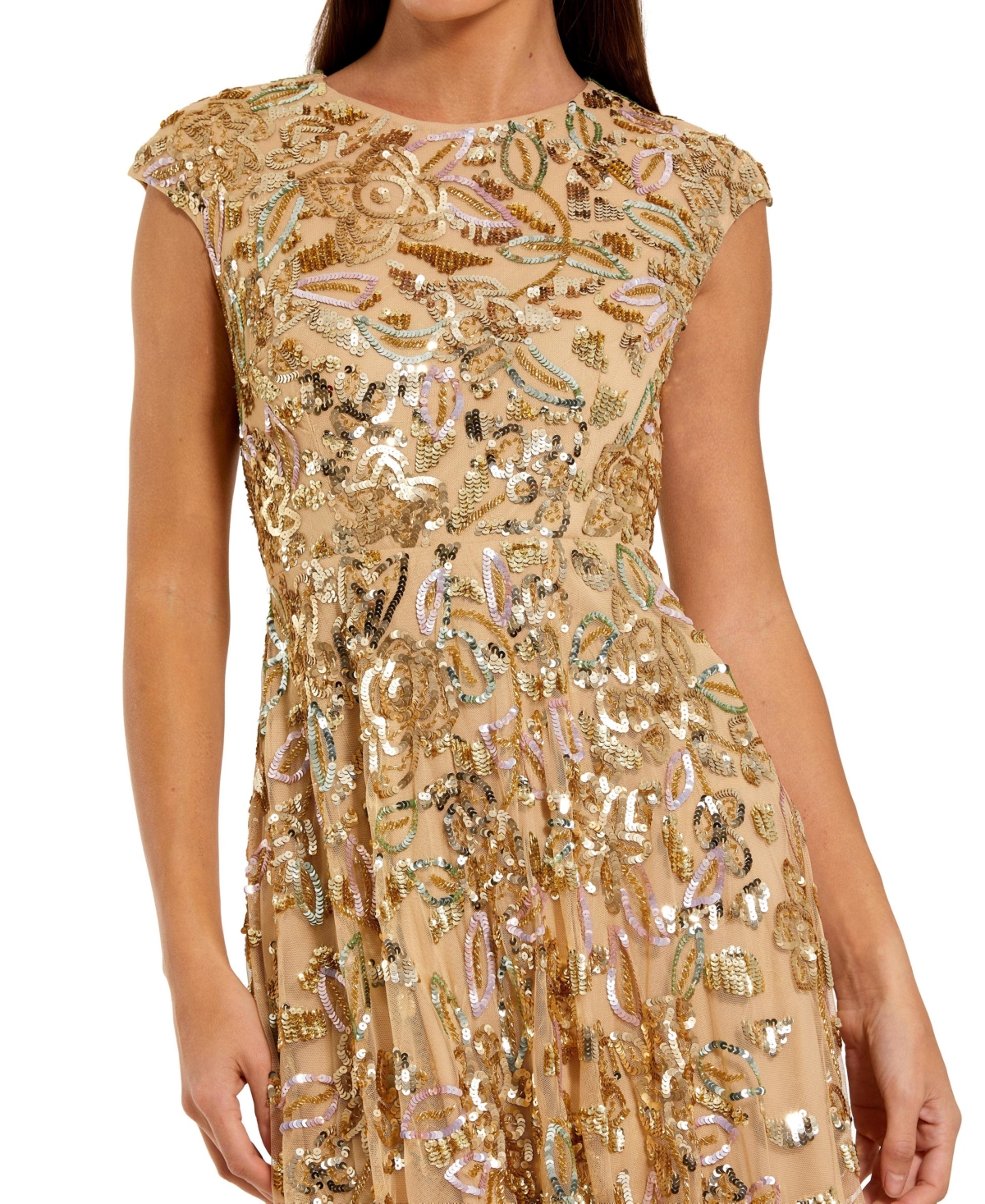 Mac Duggal Women's Sequined High Neck Cap Sleeve A Line Gown