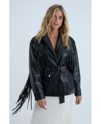 Women's Fringe Faux Leather Belted Jacket