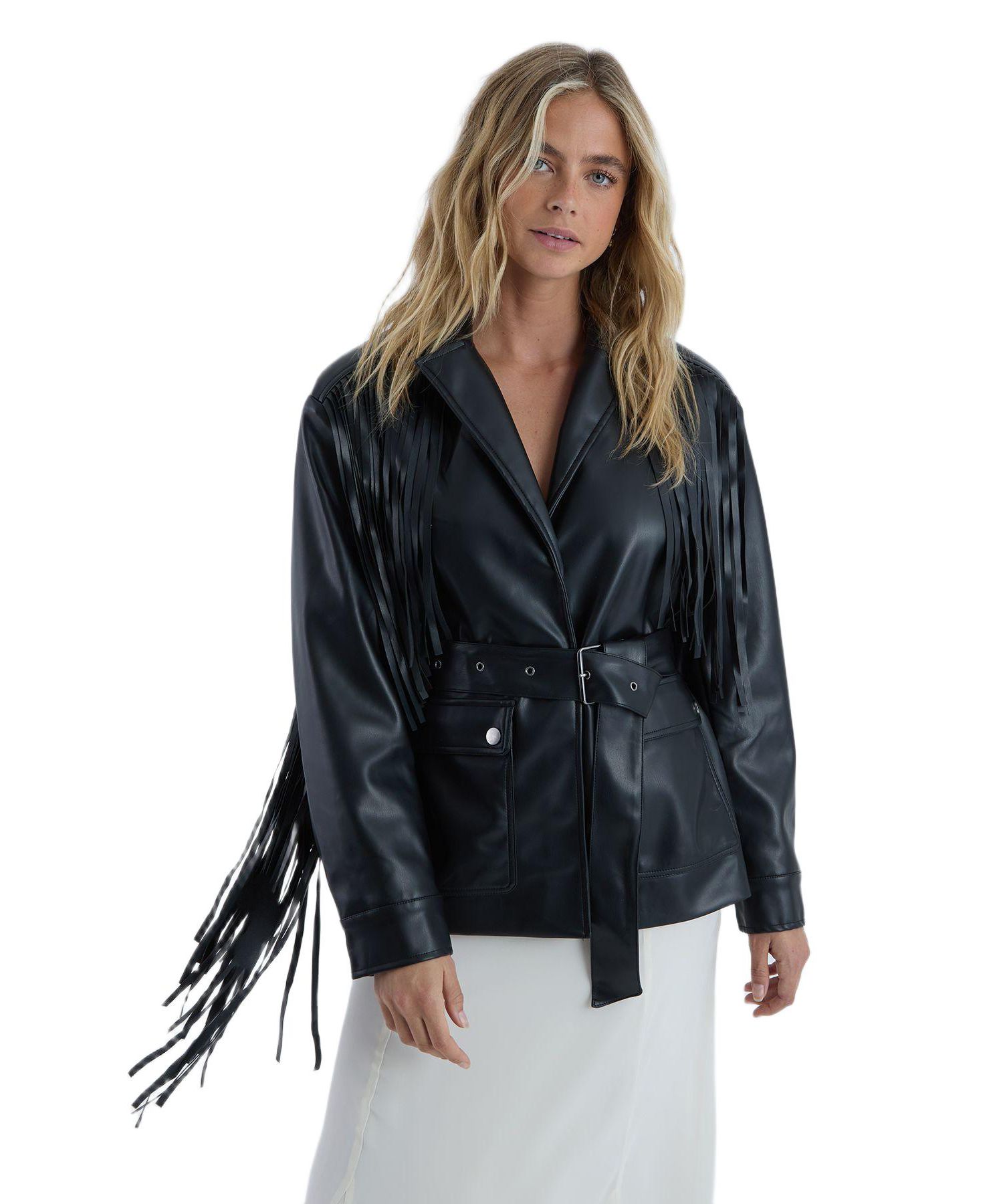Women's Fringe Faux Leather Belted Jacket