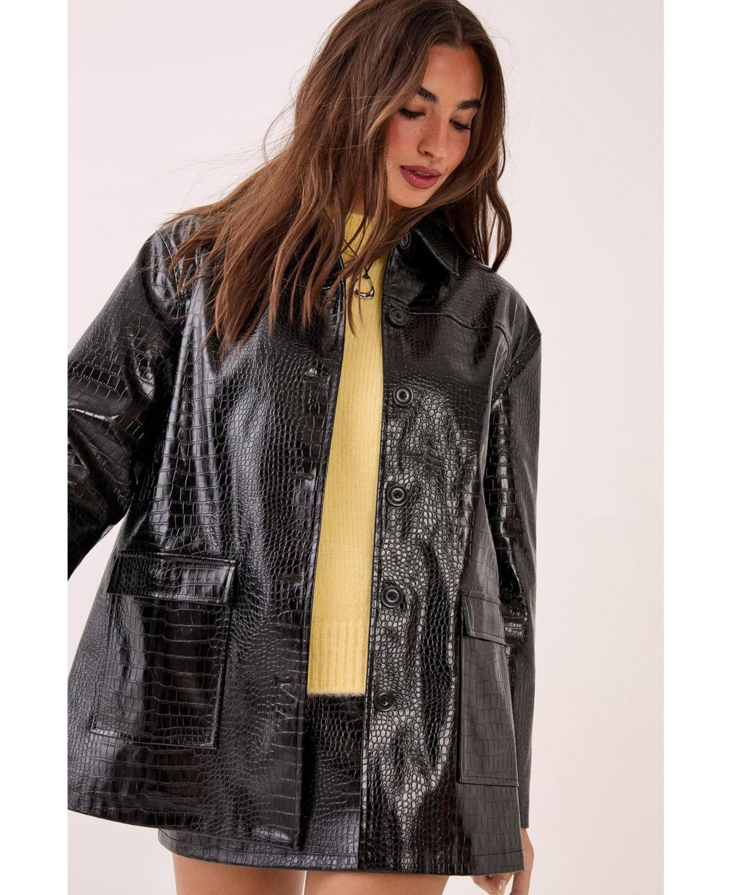 Женская куртка Nasty Gal Croc Vinyl Faux Leather Clean, цвет: Чёрный — фото 7