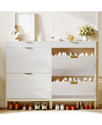 Fluted Shoe Storage Cabinet, Narrow Shoe Organizer with 2 Flip Drawers