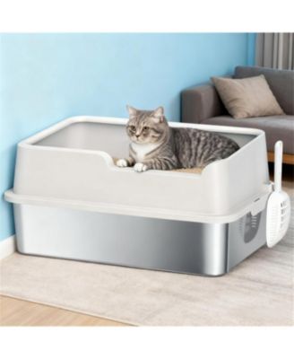 Light Gray Stainless Steel Litter Box for Large Cats: High Sides & Scoop, Elevate Your Space with Sleek