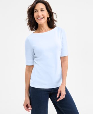 Women's Boat-Neck Elbow Sleeve Cotton Top