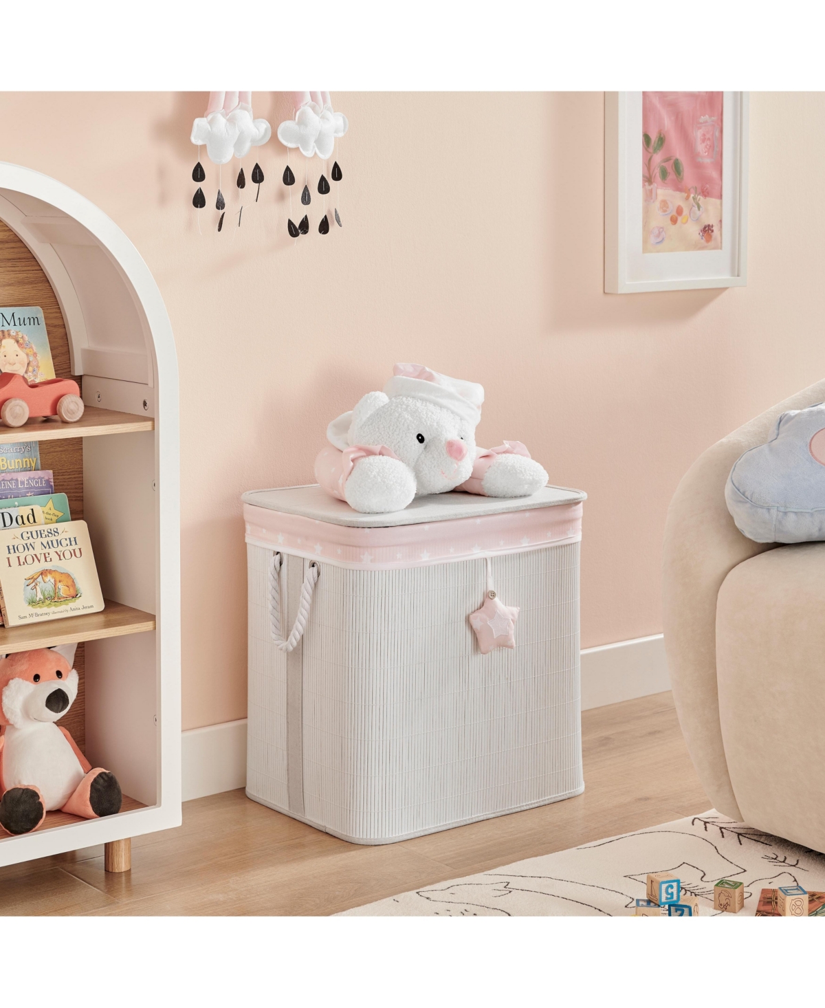 Danya B Pink/Cream Collapsible Bamboo Kids Plush Laundry Hamper with Liner and Handles - Sleepy Teddy Bear