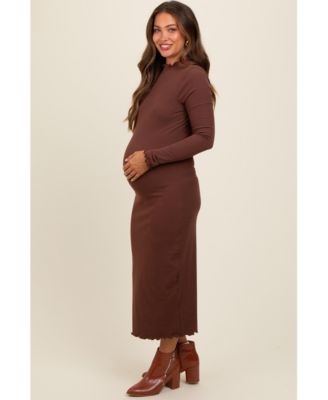 Maternity Brown Ruffle Mock Neck Long Sleeve Midi Dress