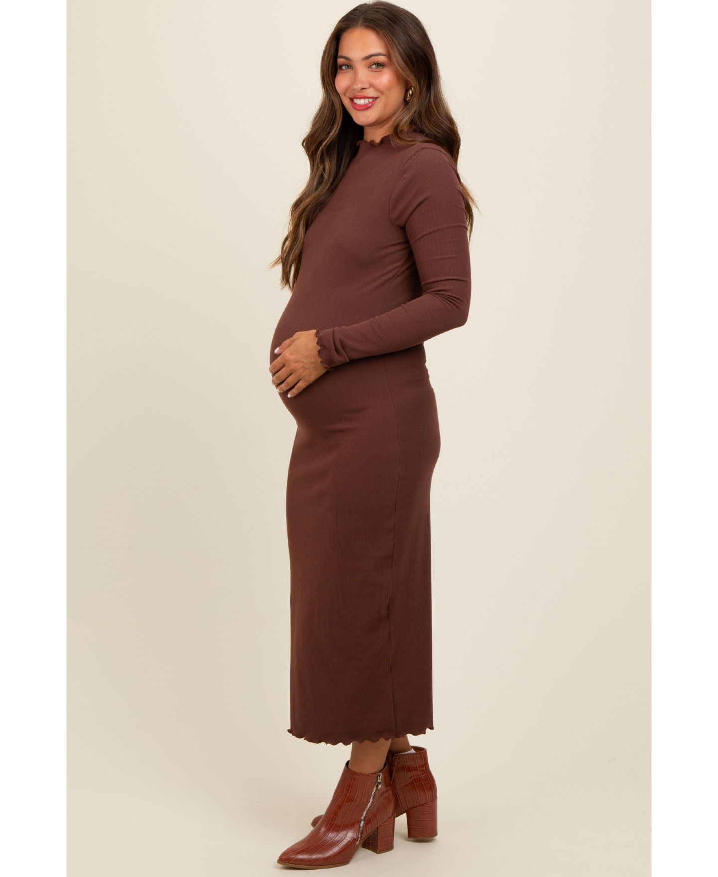 Женское платье Pinkblush Brown Ruffle Mock Neck Long Sleeve Midi, цвет: Коричневый — фото 4