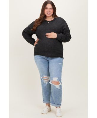 Plus Size Light Blue Ripped Knee Rolled Cuff Straight Leg Jeans