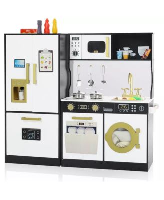 Pretend Play Kitchen Wooden Toy Set for Kids with Sounds, Utensils, Oven & Microwave, Gift for Age 3+