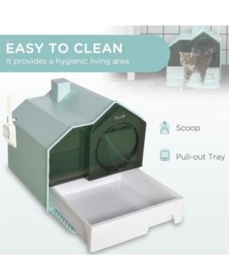Easy-Clean Hooded Cat Litter Box Set with Odor Control Mat, Pull-Out Drawer, Scoop & Handle in Light Blue