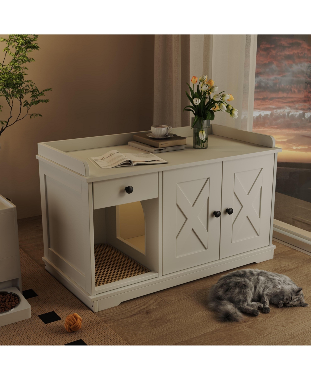 Zeus & Ruta White Farmhouse Cat Litter Box Enclosure with Storage
