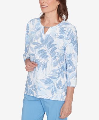Petite St. Augustine Monotone Leaf Print Split Neck Top