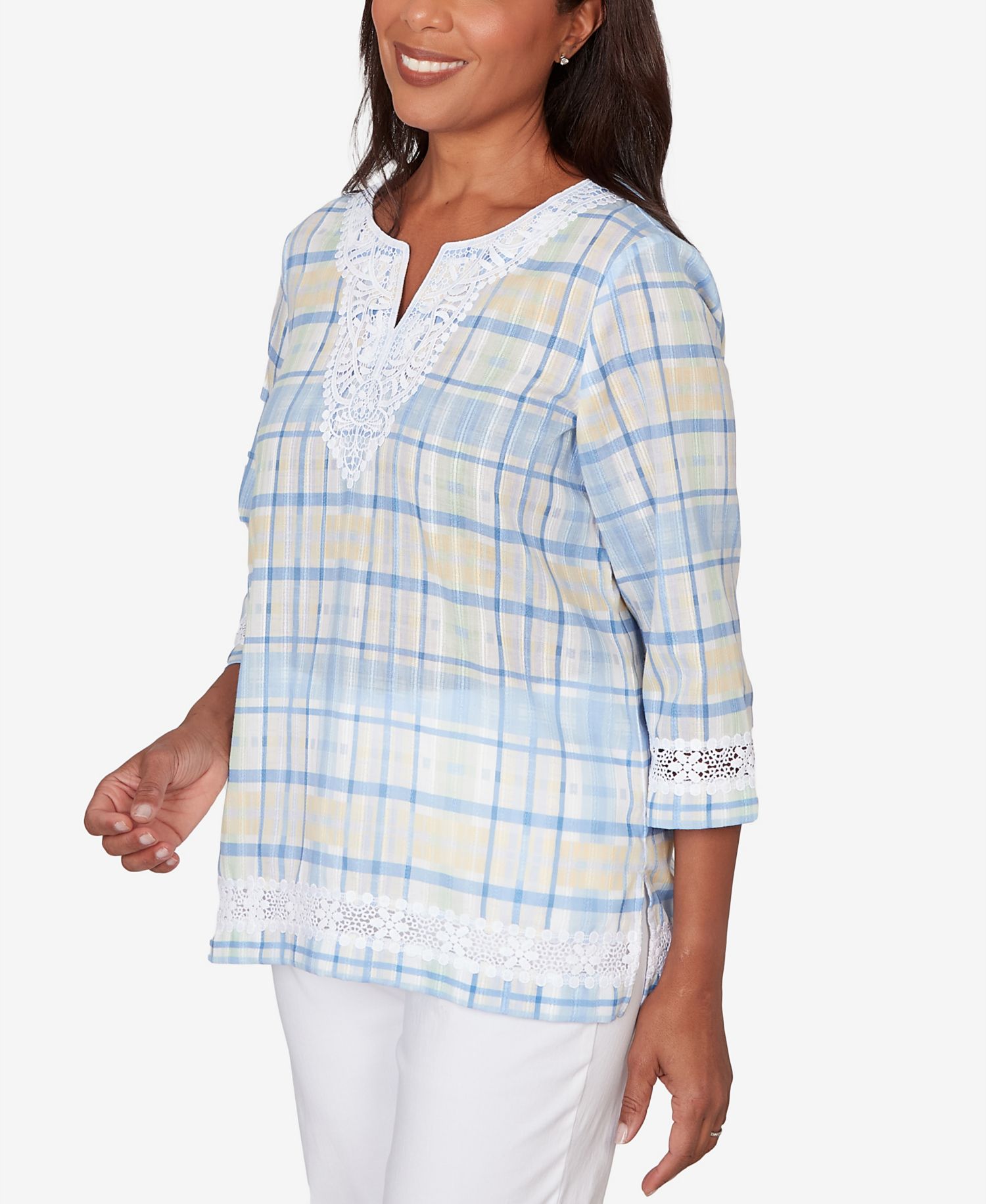 Petite Classic Plaid Embellished Lace Top