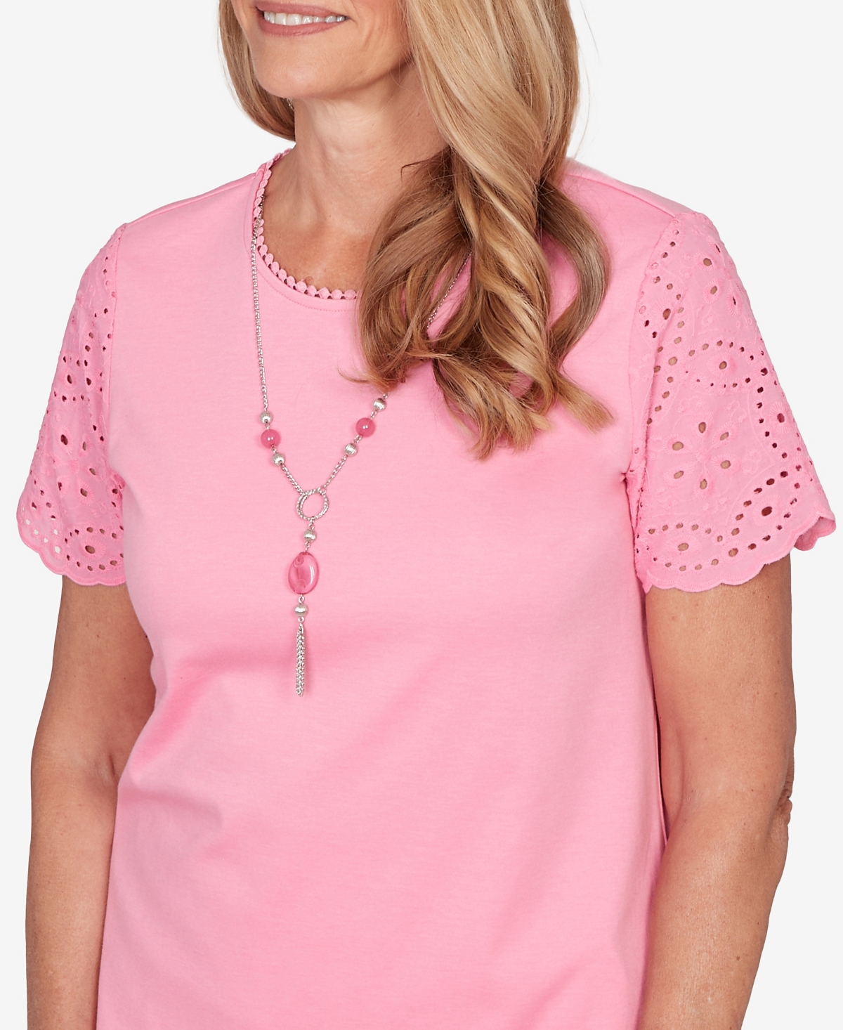 Alfred Dunner Petite Classic Solid Eyelet Sleeve Top with Necklace