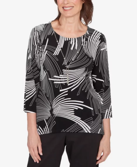Petite Classic Geometric Sharkbite Hem Top with Necklace - Black/White
