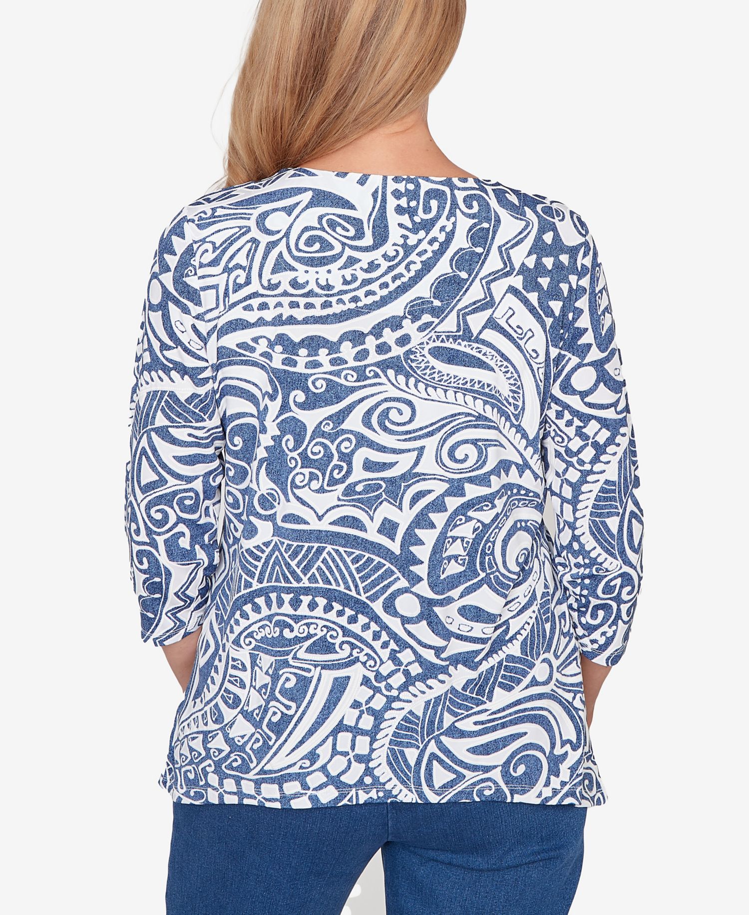 Petite Classic Paisley Swirl Sharkbite Hem Top with Necklace