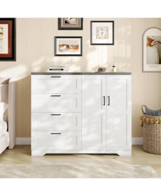 Storage Cabinet with 4 Drawers and 2 Doors, Freestanding Wardrobe with Hanging Rod