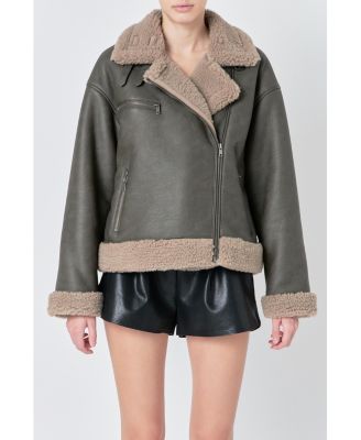 Women's Faux Leather Jacket with Sherpa Lining