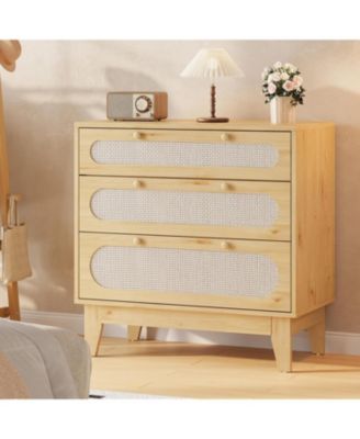 Rattan 3-Drawer Bedroom Dresser, Stylish Oak Storage Chest for Closet Bedroom Living Room Entryway Hallway