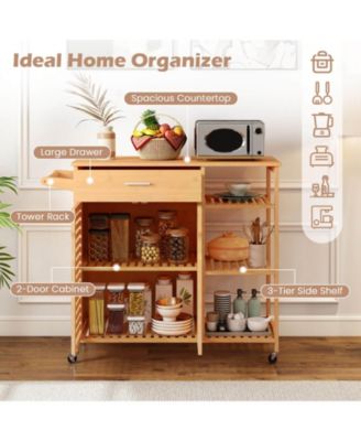 35.5" Kitchen Island Cartwith Lockable Wheels Drawer Open Shelves Towel Bar