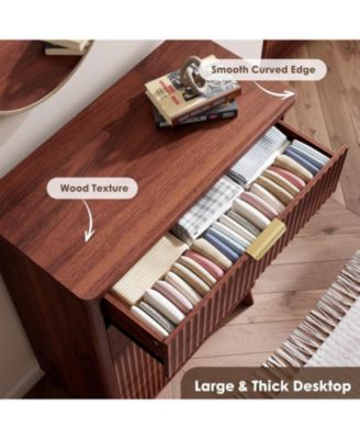 Fluted Dresser for Bedroom with 5 Deep Drawers 47in Tall Chest of Drawers with Faux Marble Top Curved Profile Design Modern Wooden Dresser