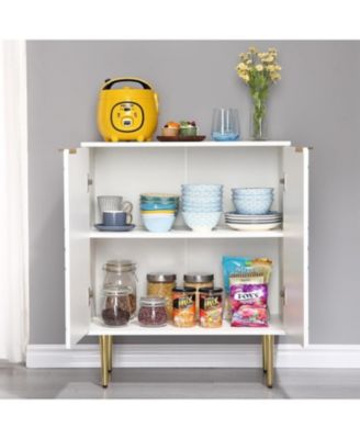 White Storage Cabinet with 2 Doors, Diamond Pattern, Gold Handles, Adjustable Shelves, Modern Living Room Organizer