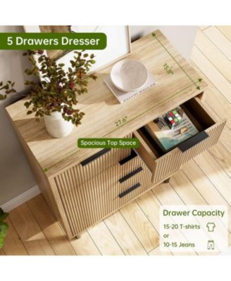 5-Drawer Modern Fluted Wide Wood Dresser, Chest Organizer with Metal Legs, Anti-Tipping for Bedroom, Living Room