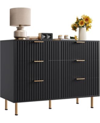6-Drawer Modern Fluted Dresser, Wide Chest with Deep Drawers, Wooden Organizer for Living Room, Hallway, Kids Room, Black