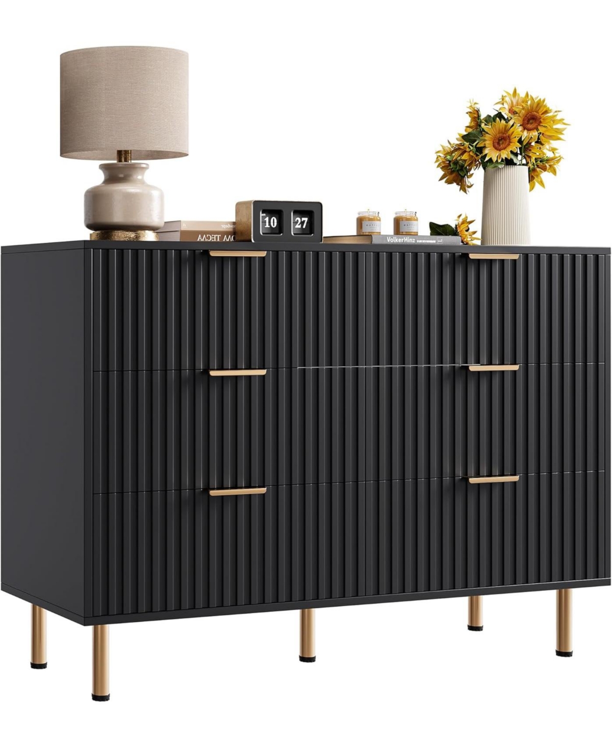 gaomon 6-Drawer Modern Fluted Dresser, Wide Chest with Deep Drawers, Wooden Organizer for Living Room, Hallway, Kids Room, Black