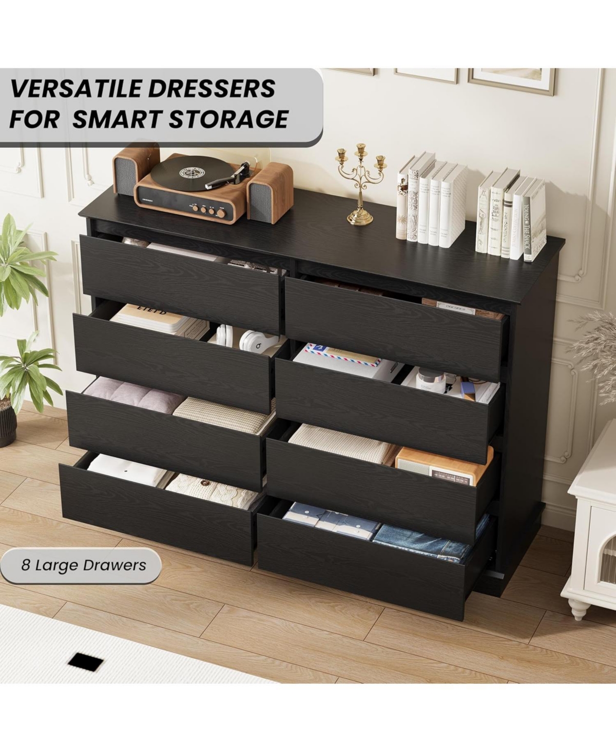 gaomon Black 8-Drawer Dresser, Deep Drawers, Large Double Chest for Closet, Wide Top, Living Room, Hallway, Kids Room