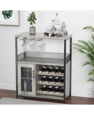 Farmhouse Wine Bar Cabinet with Detachable Wine Rack, Glass Holder, Mesh Door, Adjustable Feet, Living Room, Gray