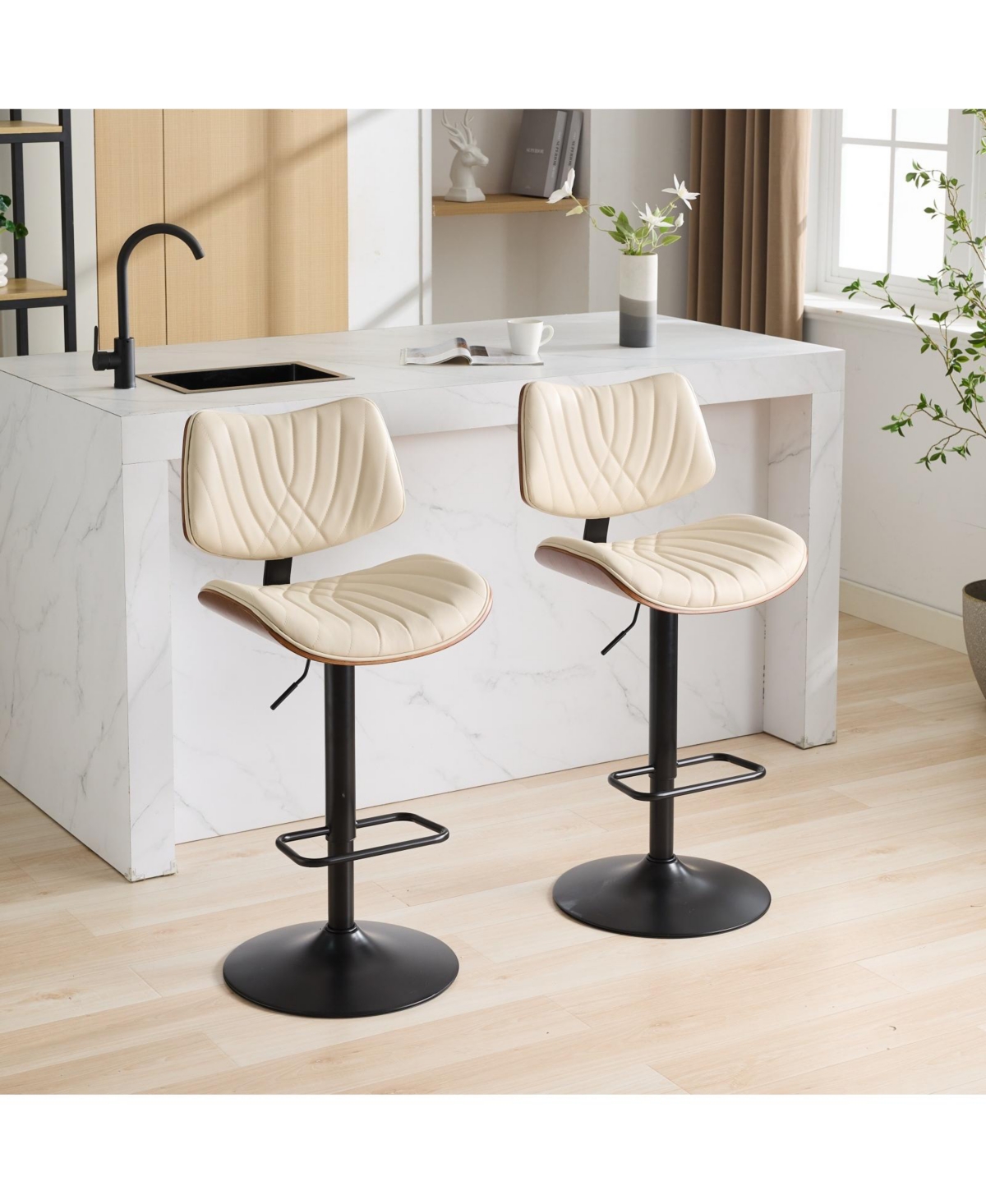 Simplie Fun Walnut Bentwood Bar Stool with Faux Leather Seat and Ergonomic Back