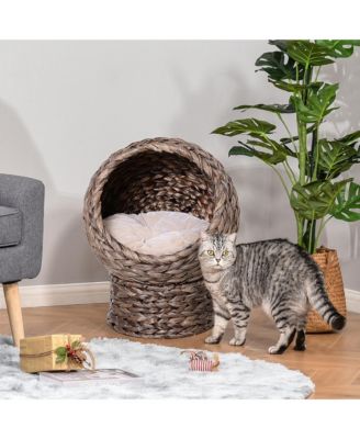 Handwoven Egg-shaped Elevated Gray Cat Bed with Cushion 23.5in H
